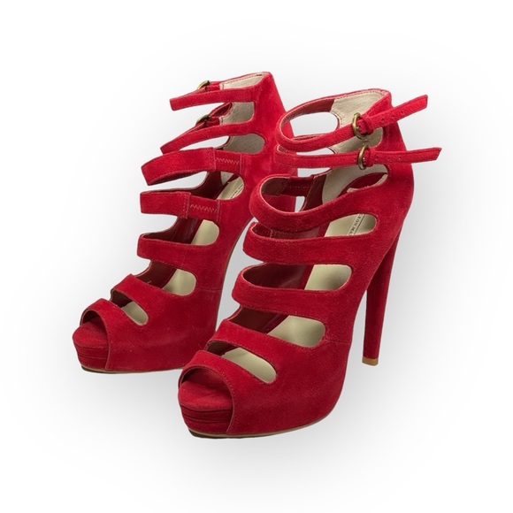 Leon Max 𖣴 Link Suede Platform Gladiator Stilettos Heels 𖣴 Fire Engine Red 𖣴 SJP - Picture 7 of 16